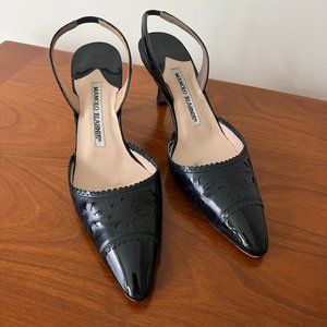 Manolo Blahnik Black Patent Leather Floral Design Slingbacks Size EU 36 1/2